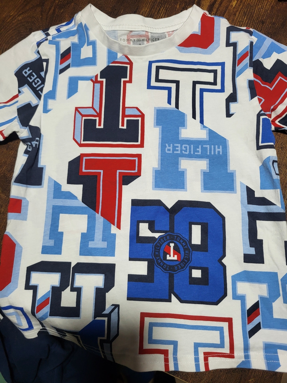 Tommy Hilfiger White Tee with Red, Navy & Light Blue Graphic Letters